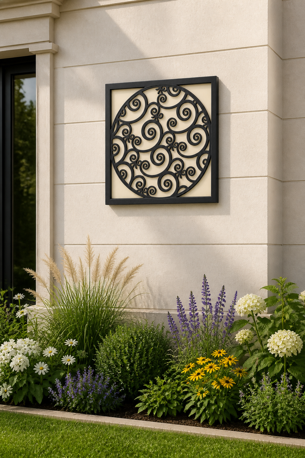 CH-061 Round Scroll Medallion Decorative Wall Light Panel - Daytime outdoor wall with flowers