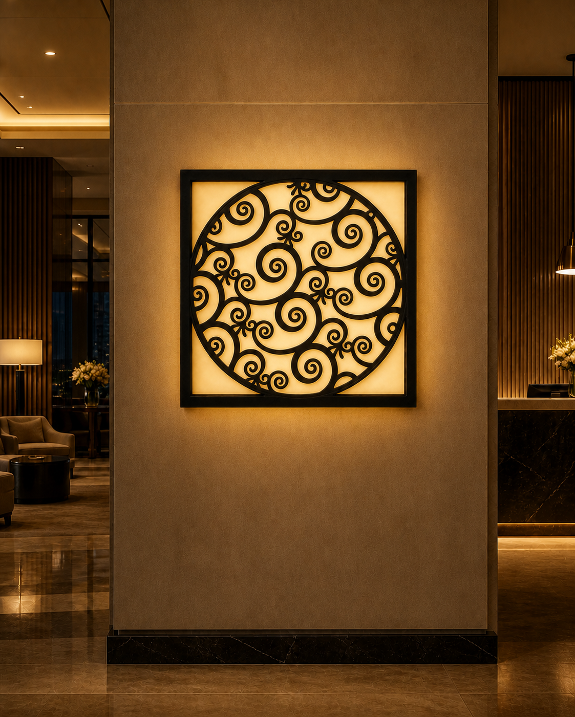 CH-061 Round Scroll Medallion Decorative Wall Light Panel - Hotel lobby ambient lighting