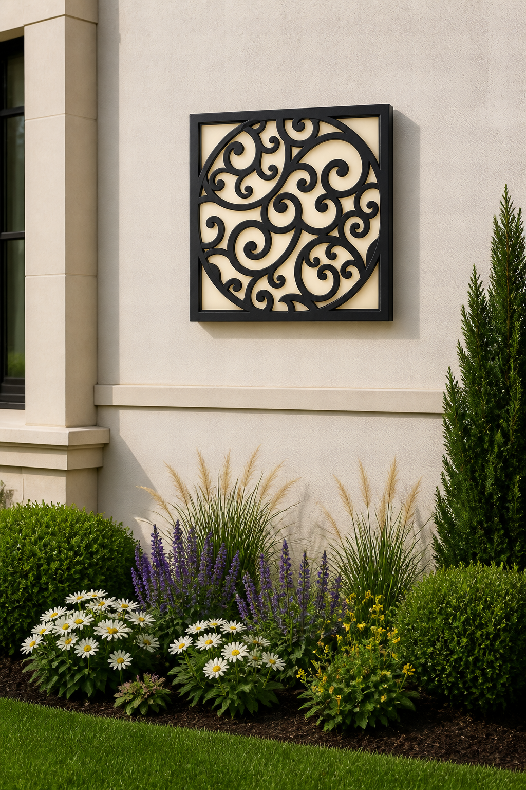 CH-062 Classic Round Scroll Decorative Wall Light Panel - Daytime outdoor wall with flowers