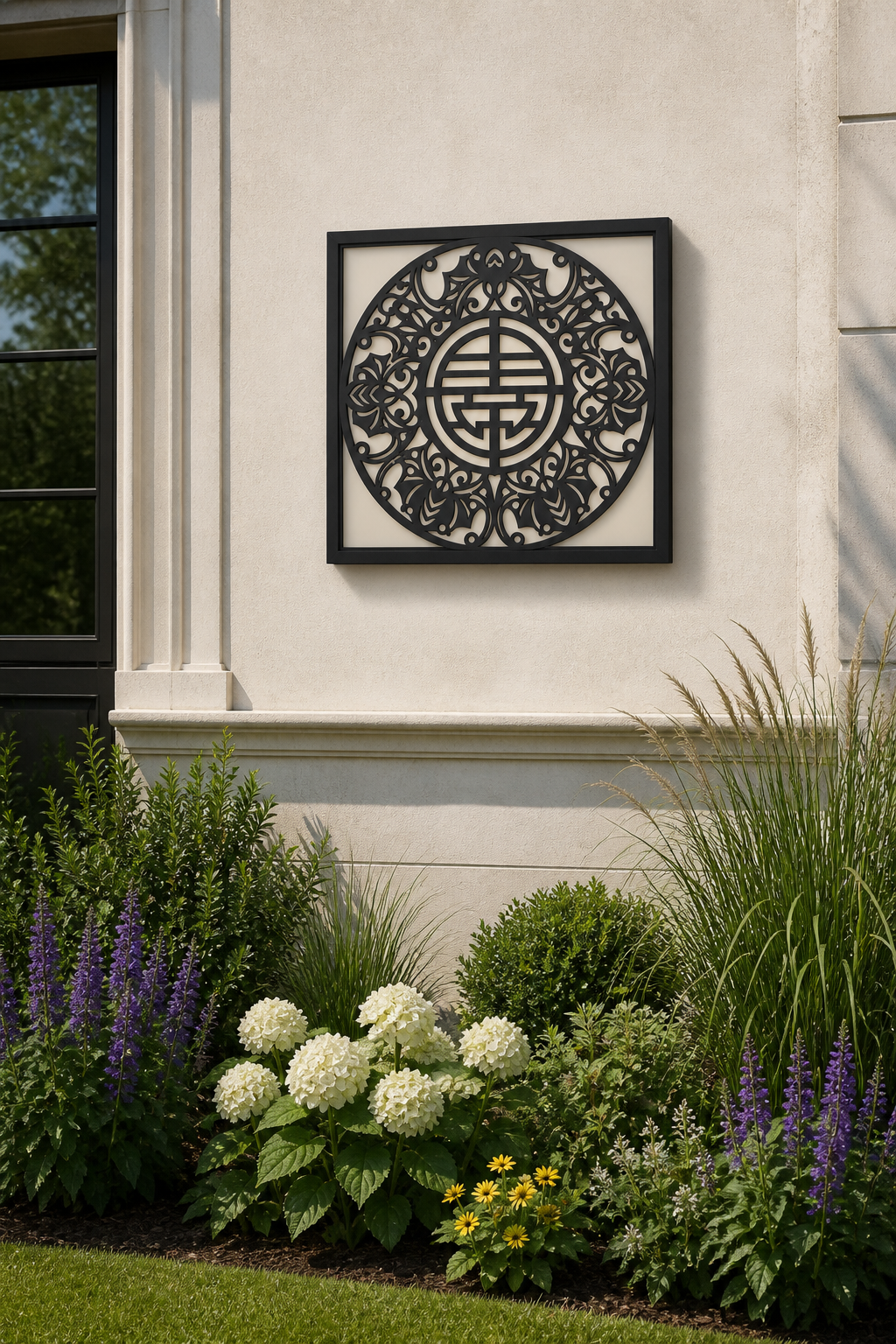 CH-067 Chinese Medallion Decorative Wall Light Panel - Daytime outdoor wall with flowers