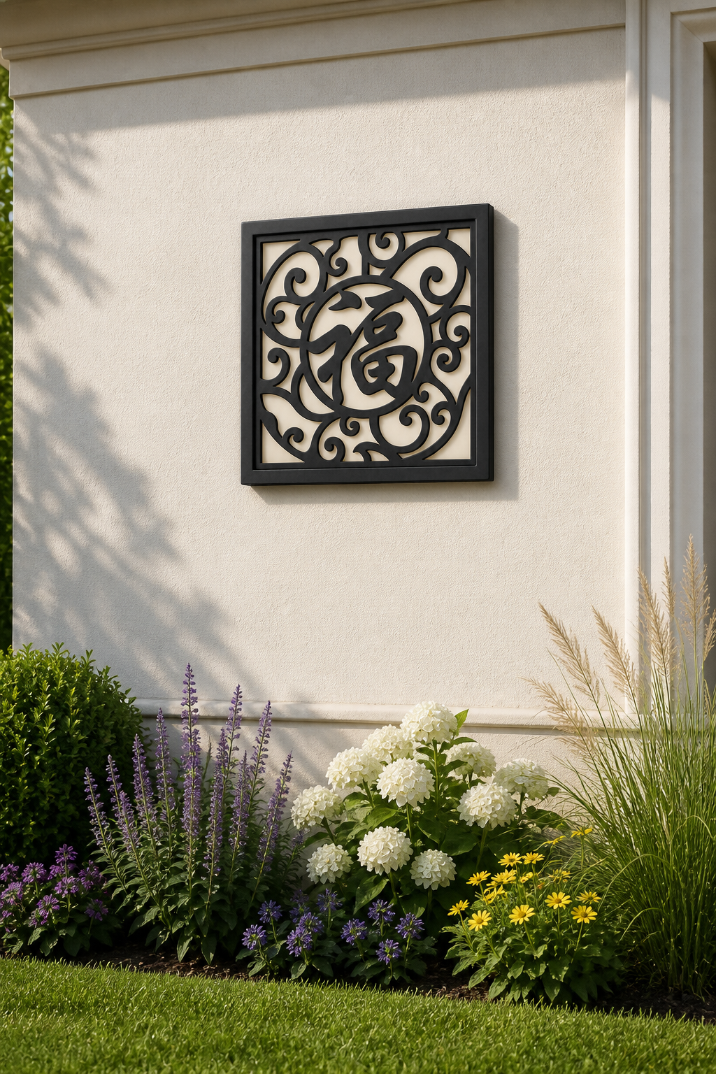CH-068 Auspicious Scroll Decorative Wall Light Panel - Daytime outdoor wall with flowers