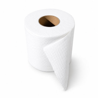 Commercial bulk toilet paper roll showing paper core and embossed sheet