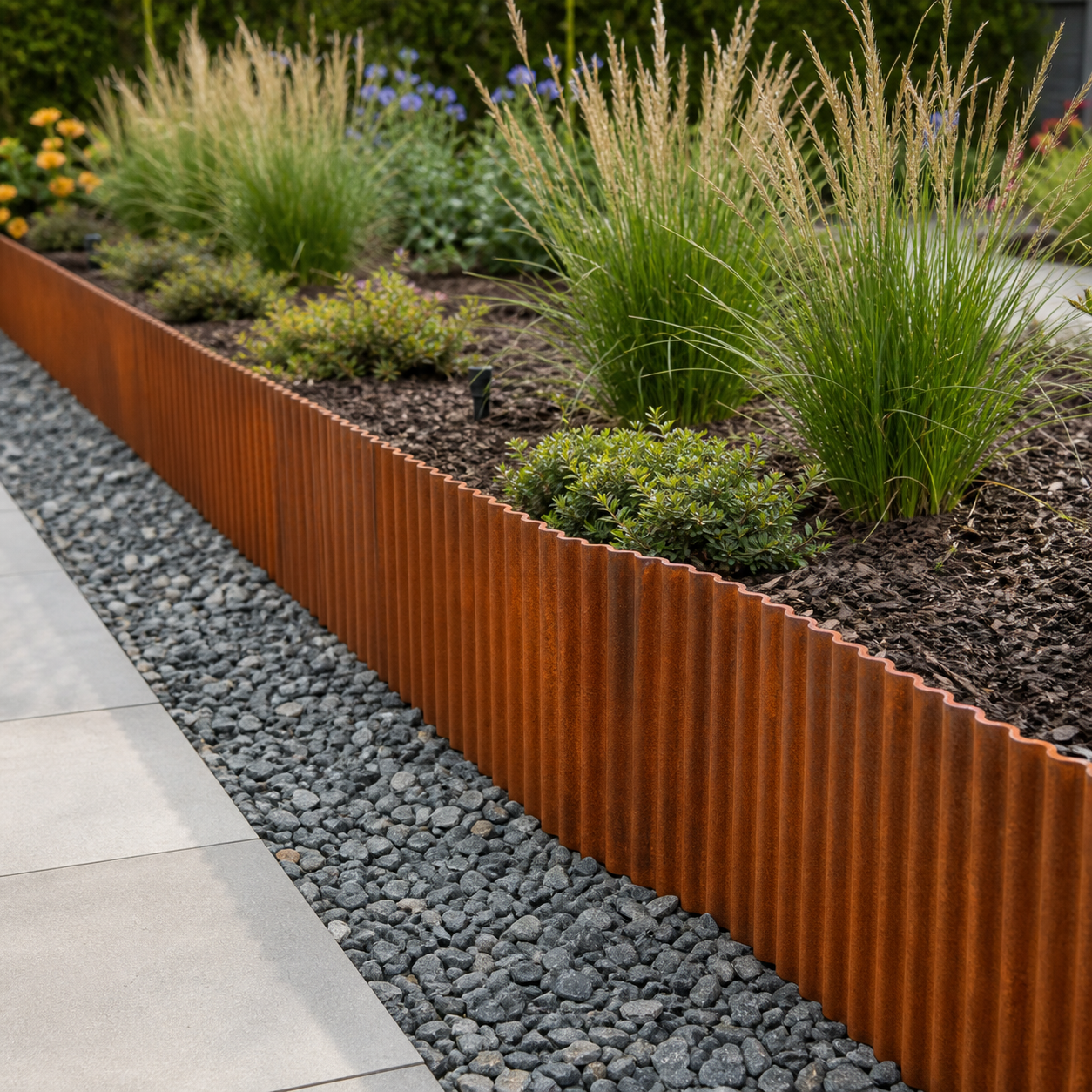 Corrugated corten metal garden edging installed with a ribbed profile in daylight