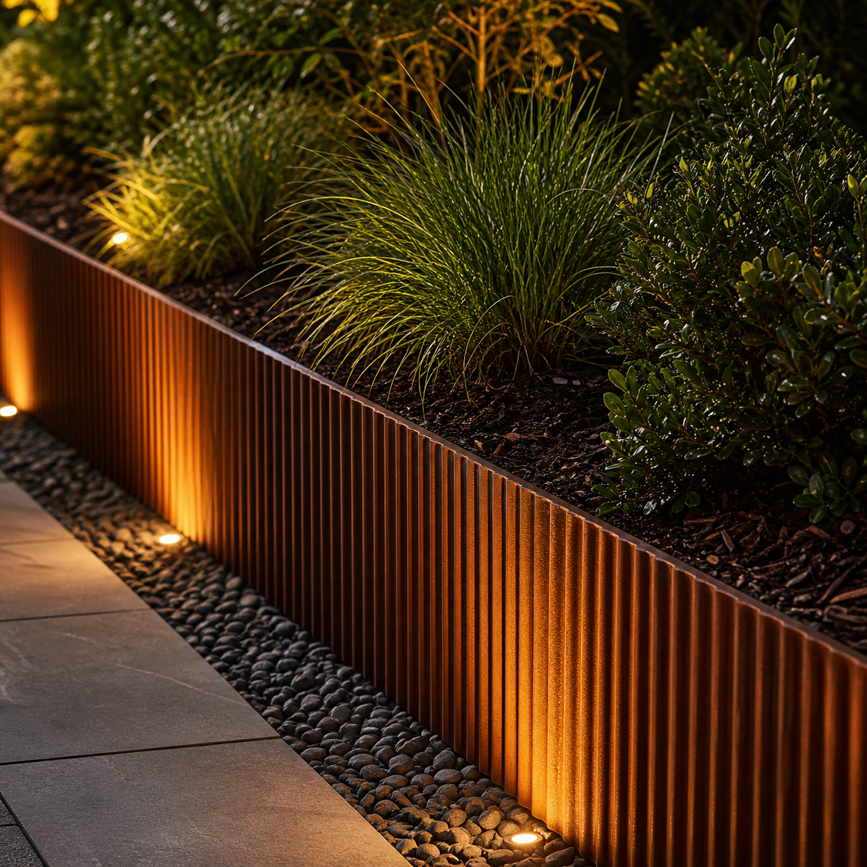 Corrugated corten metal garden edging installed with warm lighting highlighting the ribbed profile at night