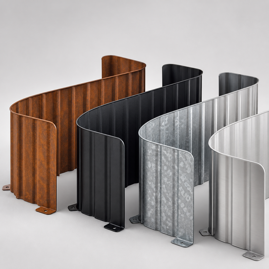 Corrugated metal garden edging panels in corten black galvanized and aluminum finishes