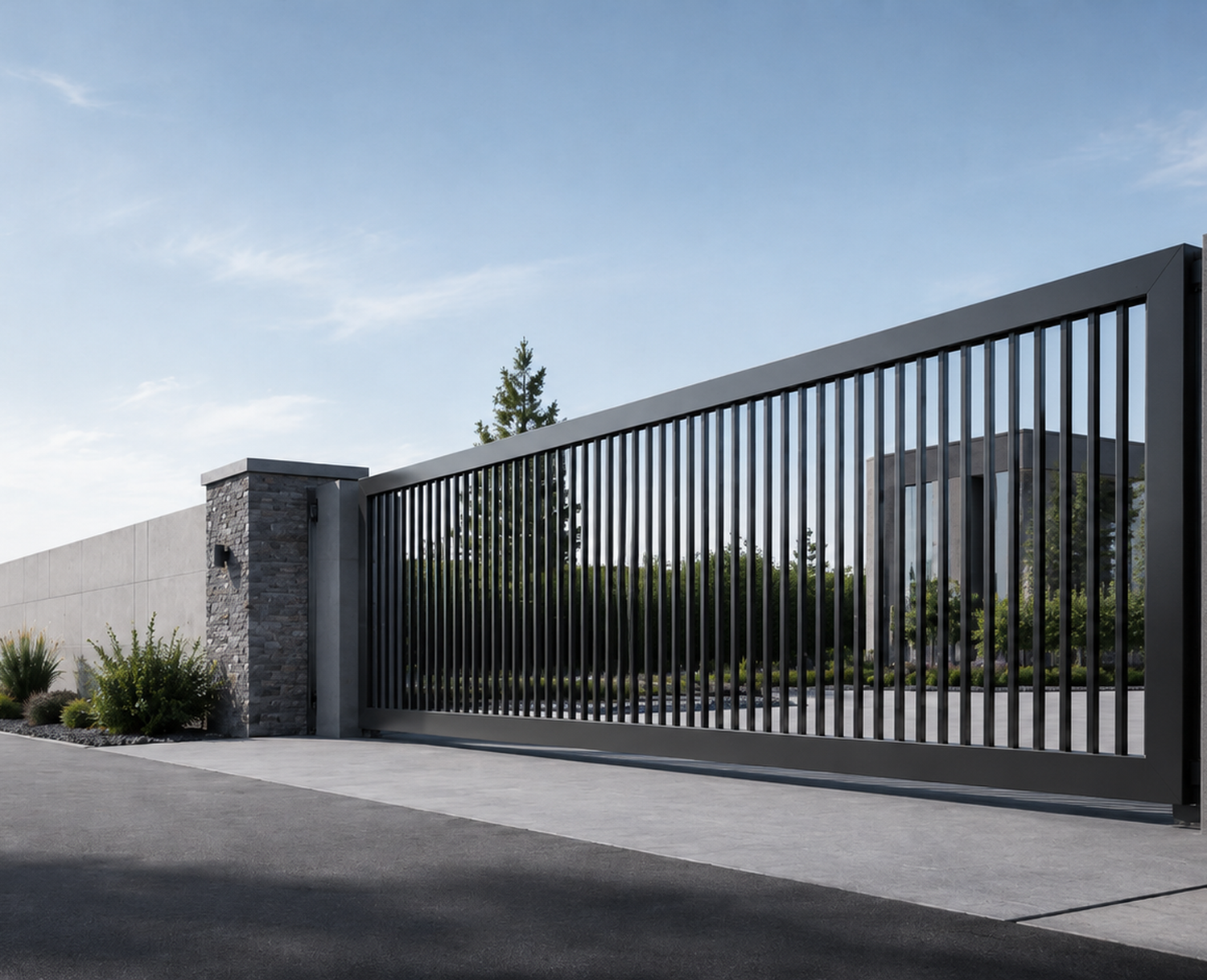Modern custom cantilever sliding driveway gate with automated access system