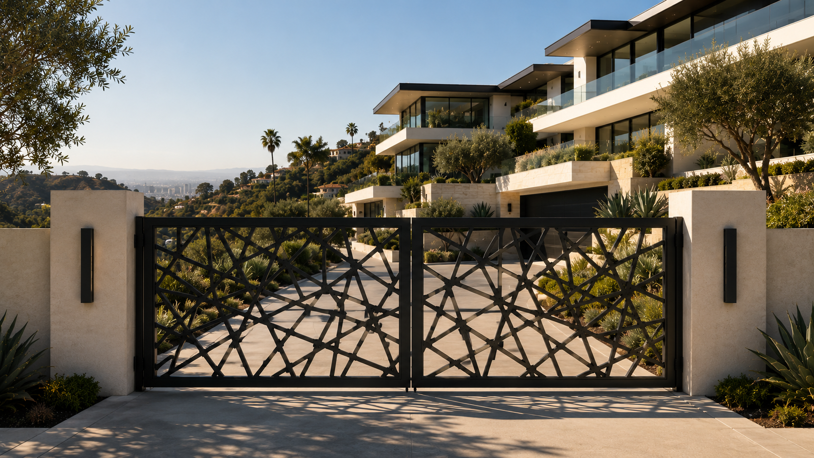 Custom modern laser-cut metal driveway gate and ornamental landscape for luxury residential properties - EONE FENCE SUPPLY