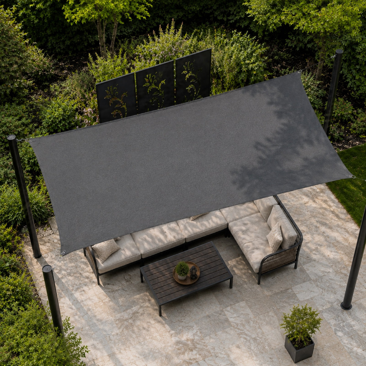 Rectangle shade sail aerial lifestyle installation for patio shade