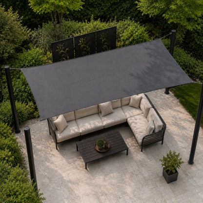 Rectangle outdoor shade sail installed over a garden patio seating area