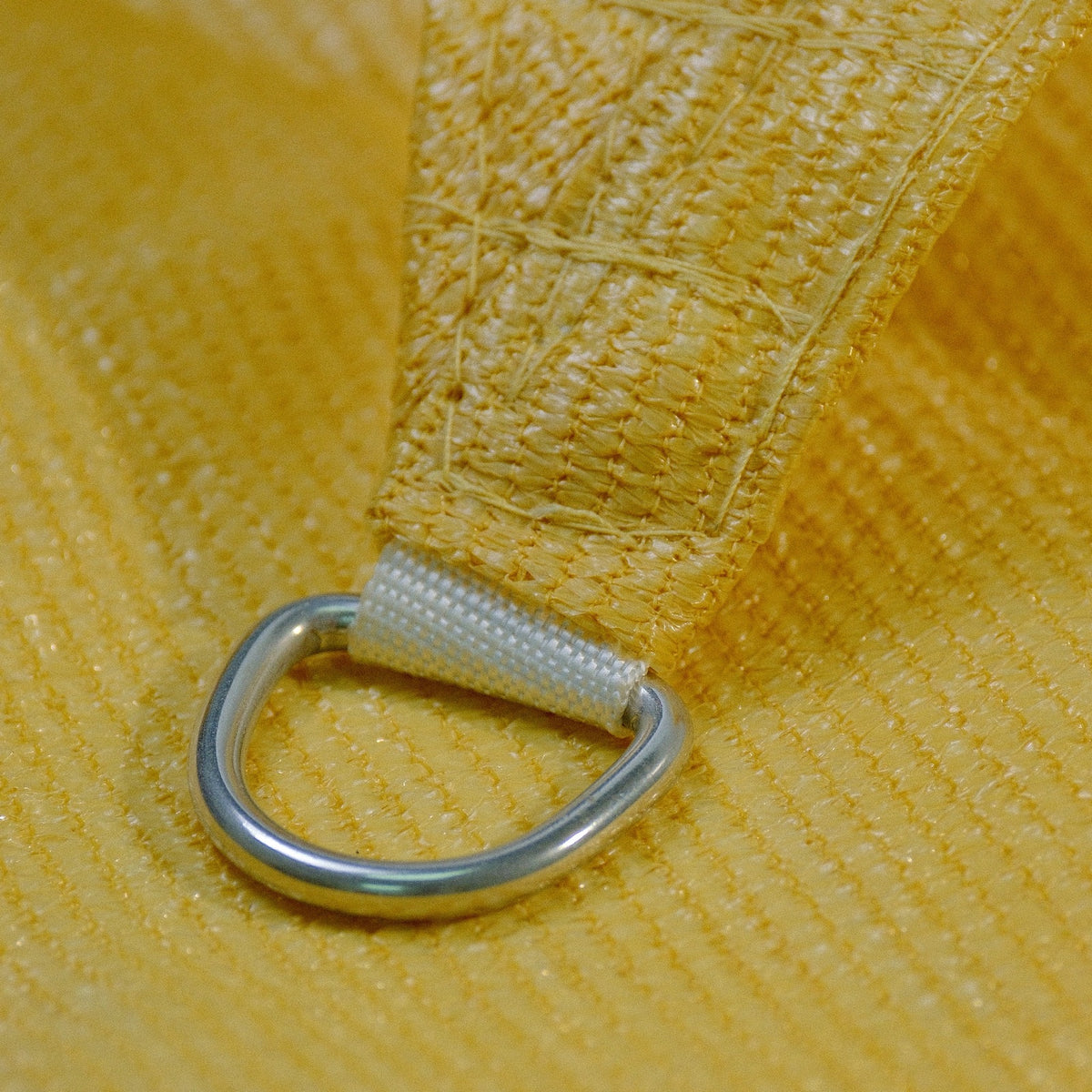 Rectangle shade sail reinforced corner with stainless steel D-ring detail