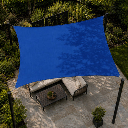 Square shade sail aerial lifestyle installation for patio shade
