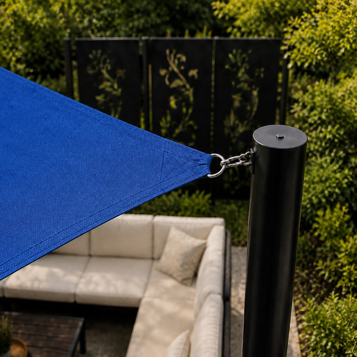 Square shade sail installation detail with reinforced corner hardware