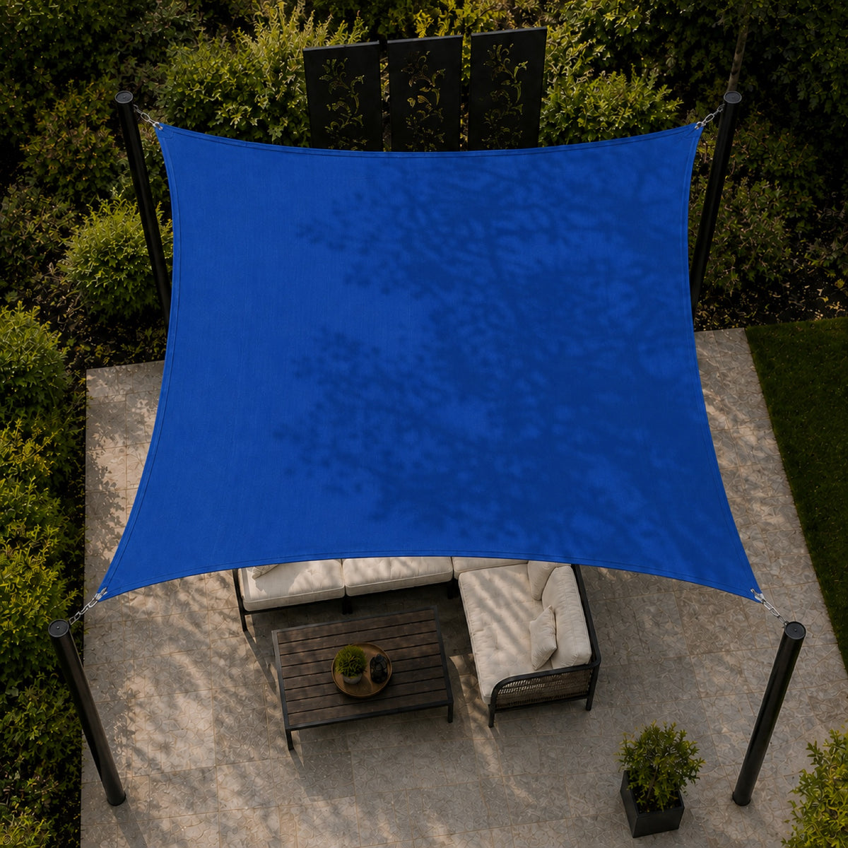 Square sun shade sail top view showing outdoor shade coverage