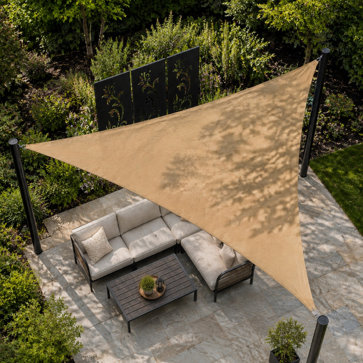 Triangle shade sail aerial lifestyle installation for patio shade