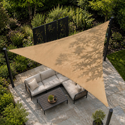Triangle shade sail aerial lifestyle installation for patio shade