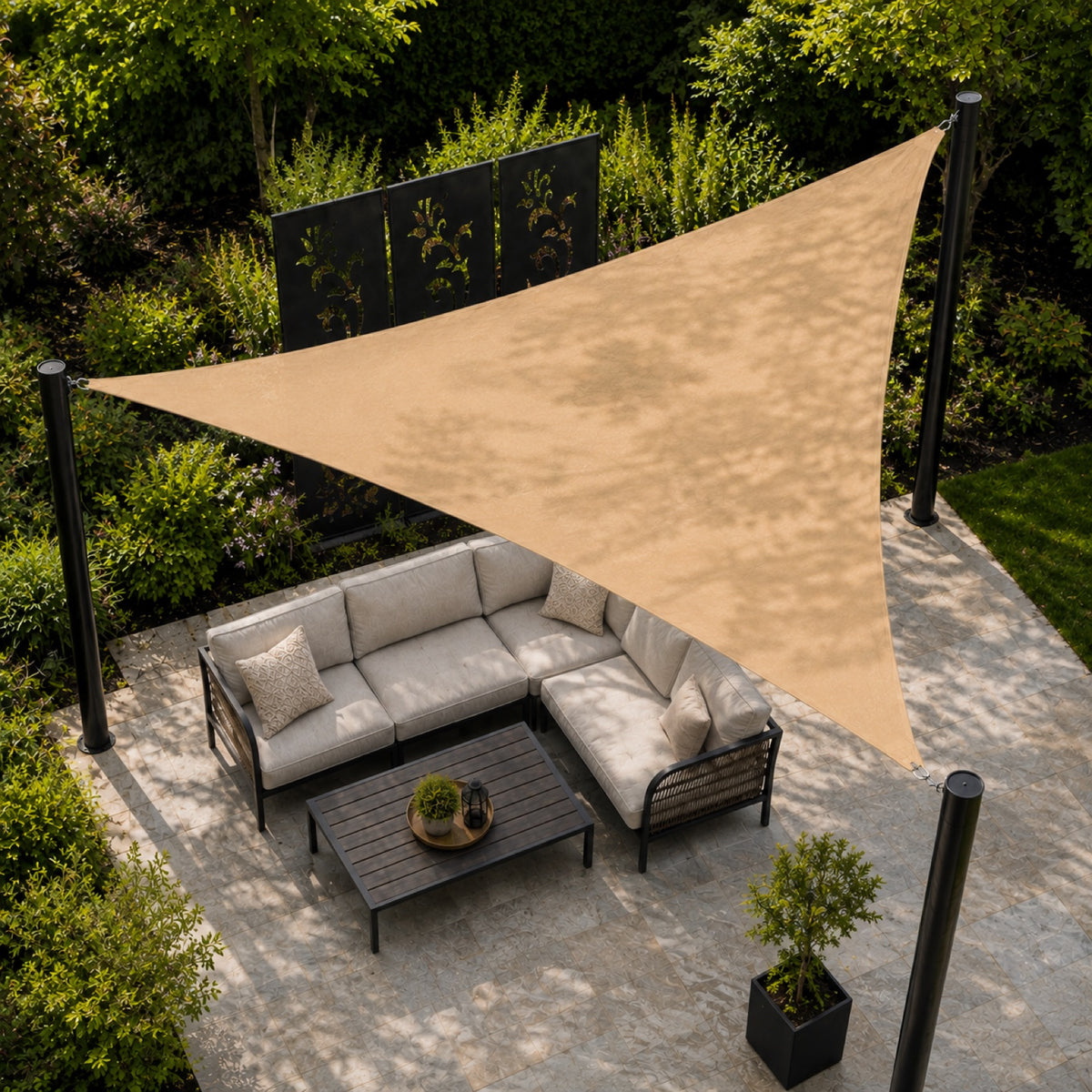 Triangle sun shade canopy diagonal side overhead view