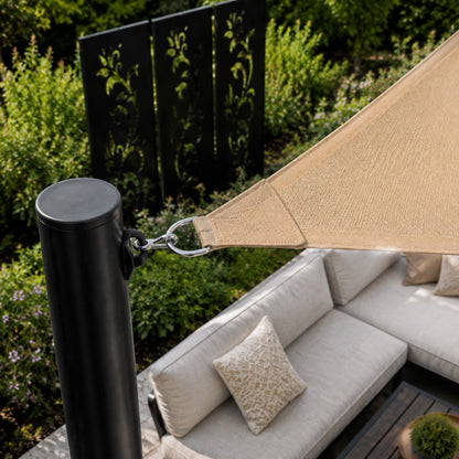 Triangle shade sail installation detail with reinforced corner hardware