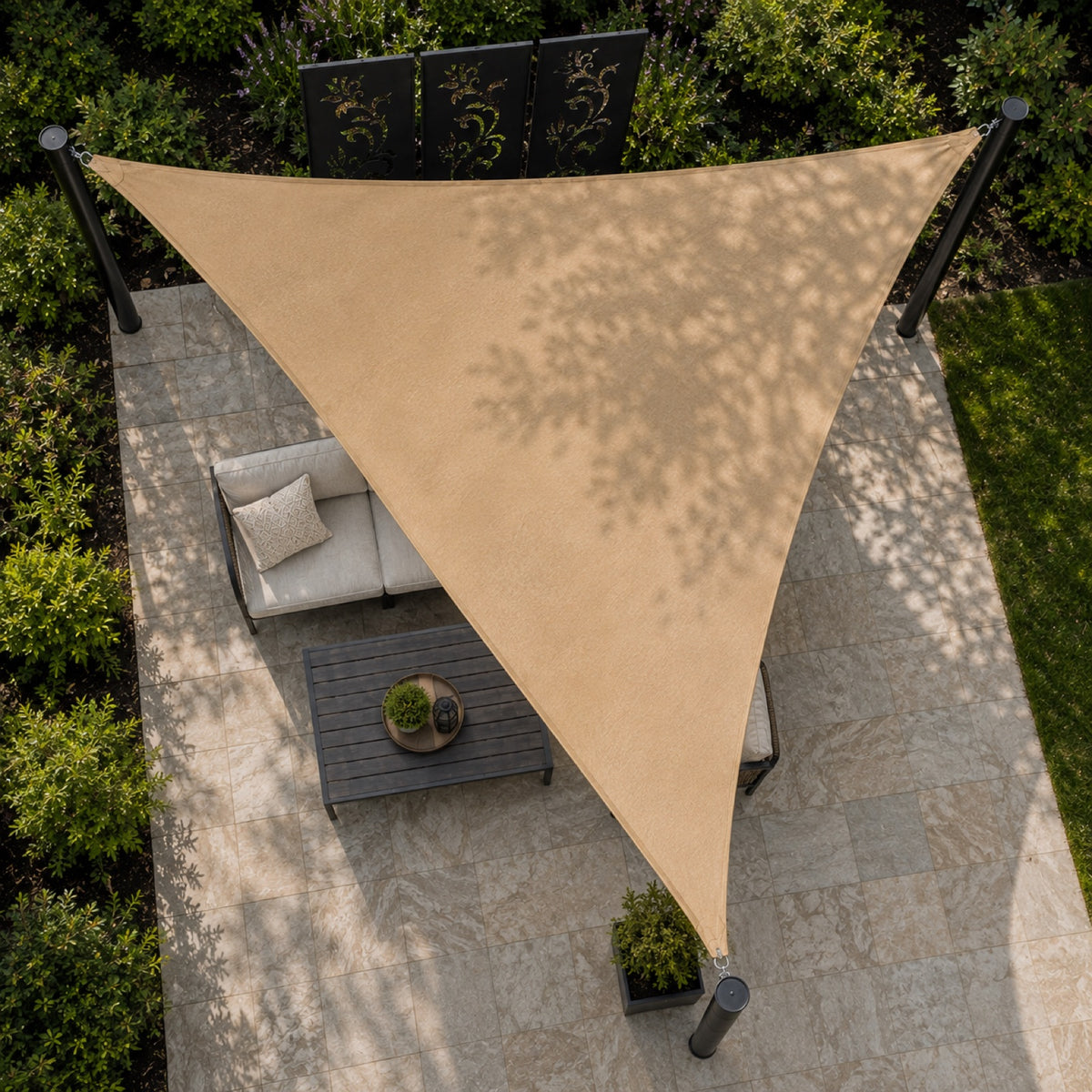 Triangle sun shade sail top view showing outdoor shade coverage