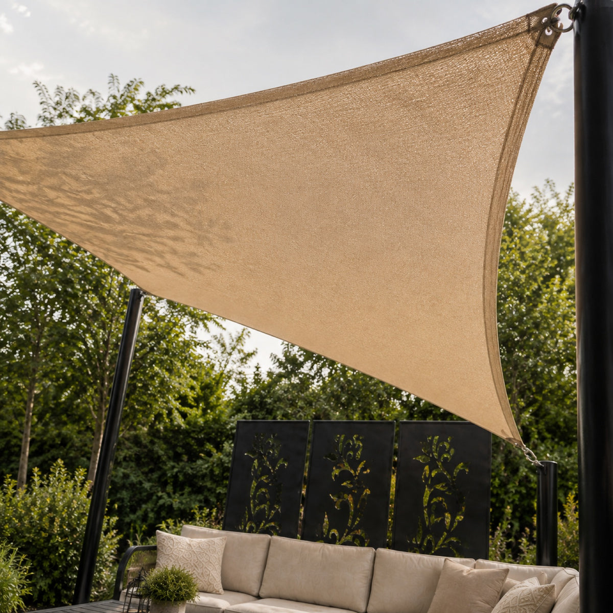 Triangle HDPE shade sail underside fabric view with curved edge