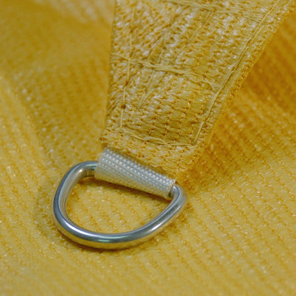 Triangle shade sail reinforced corner with stainless steel D-ring detail