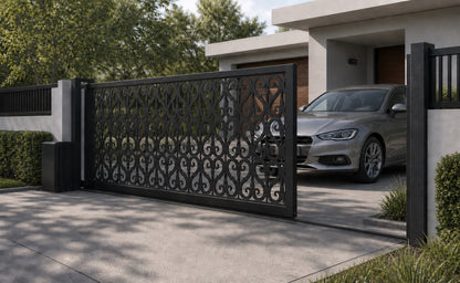 Design 001 decorative privacy automatic aluminium sliding driveway gate shown half open with car clearance