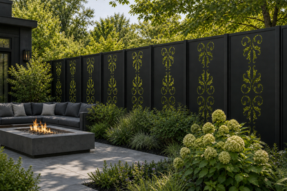 Design 001 Fleur Scroll Laser Cut Metal Privacy Screen Panel installed garden daylight view