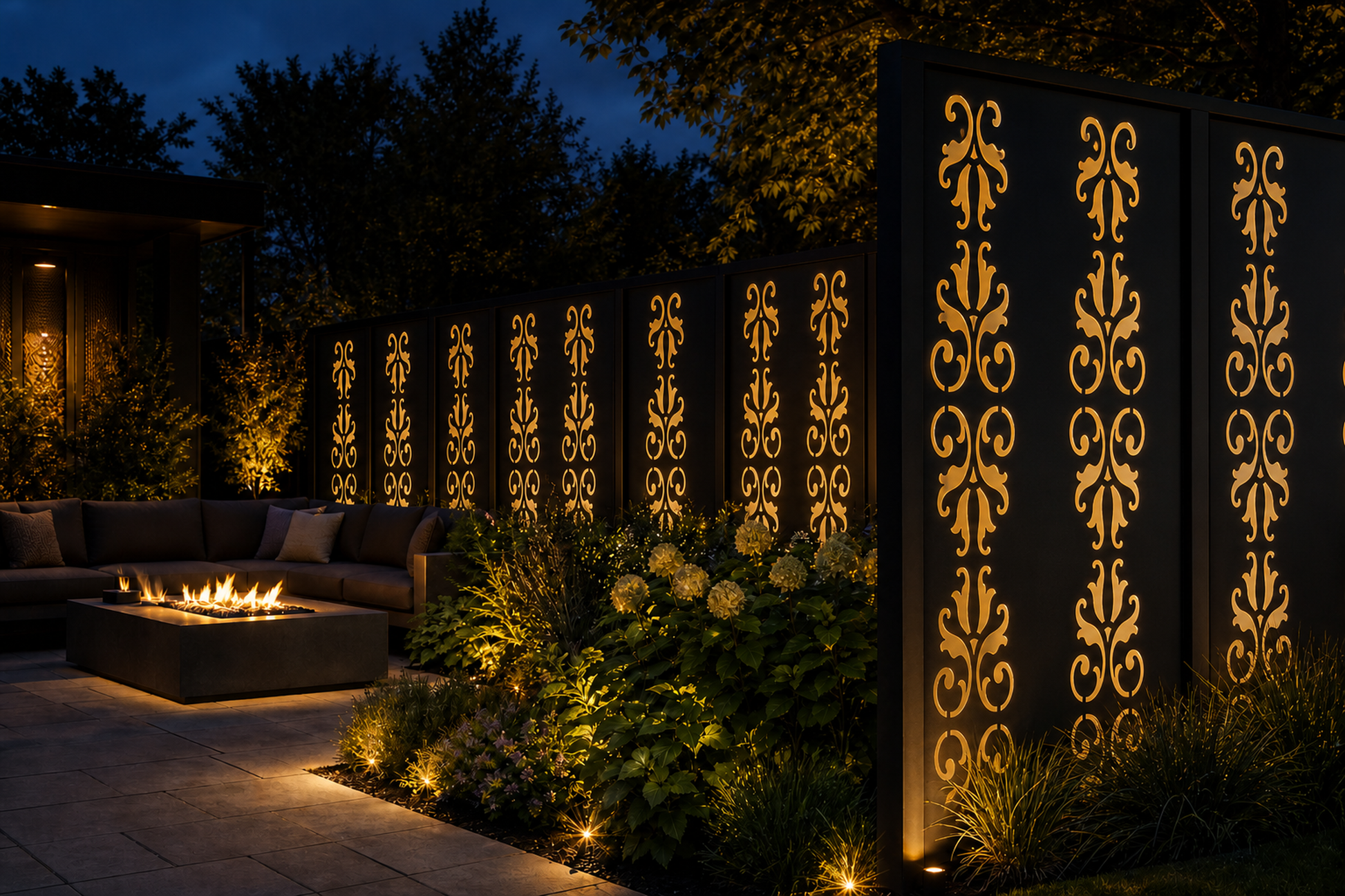 Design 001 Fleur Scroll Laser Cut Metal Privacy Screen Panel installed garden night lighting view