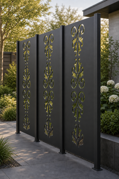 Design 001 Fleur Scroll Laser Cut Metal Privacy Screen Panel oblique angle view
