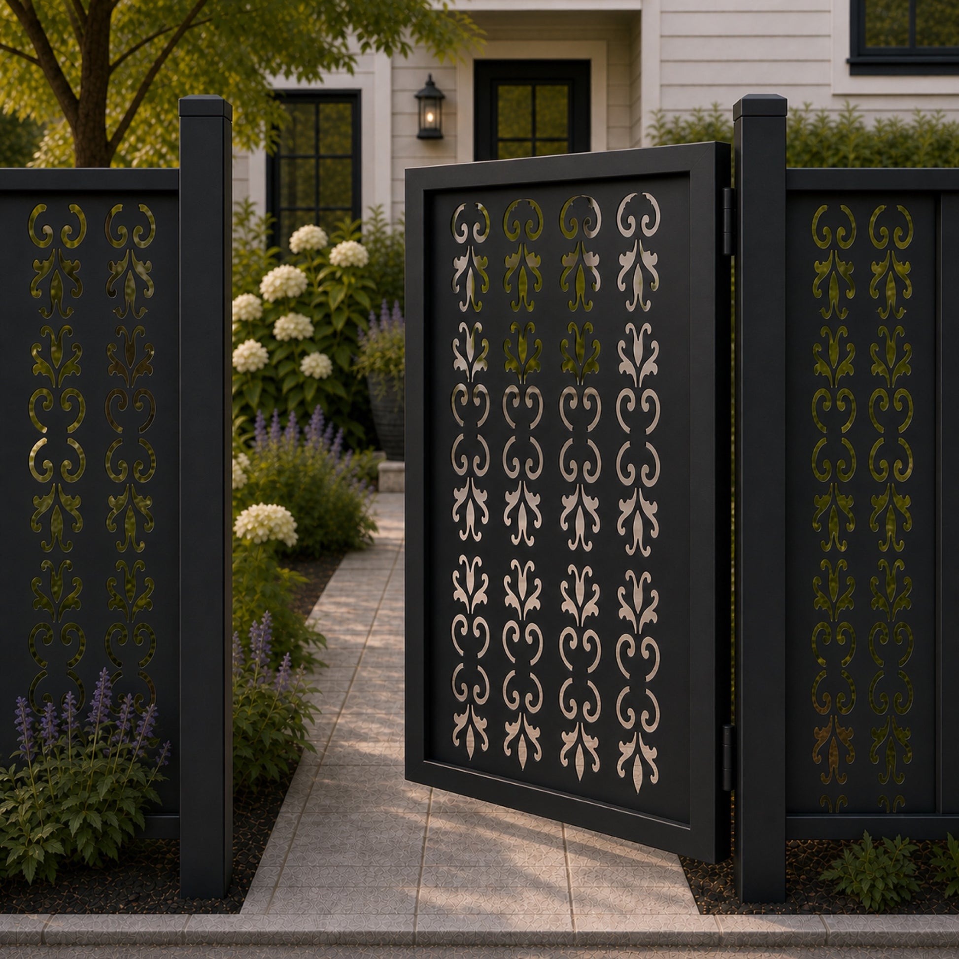 Design 001 scrollwork black aluminium side gate open view