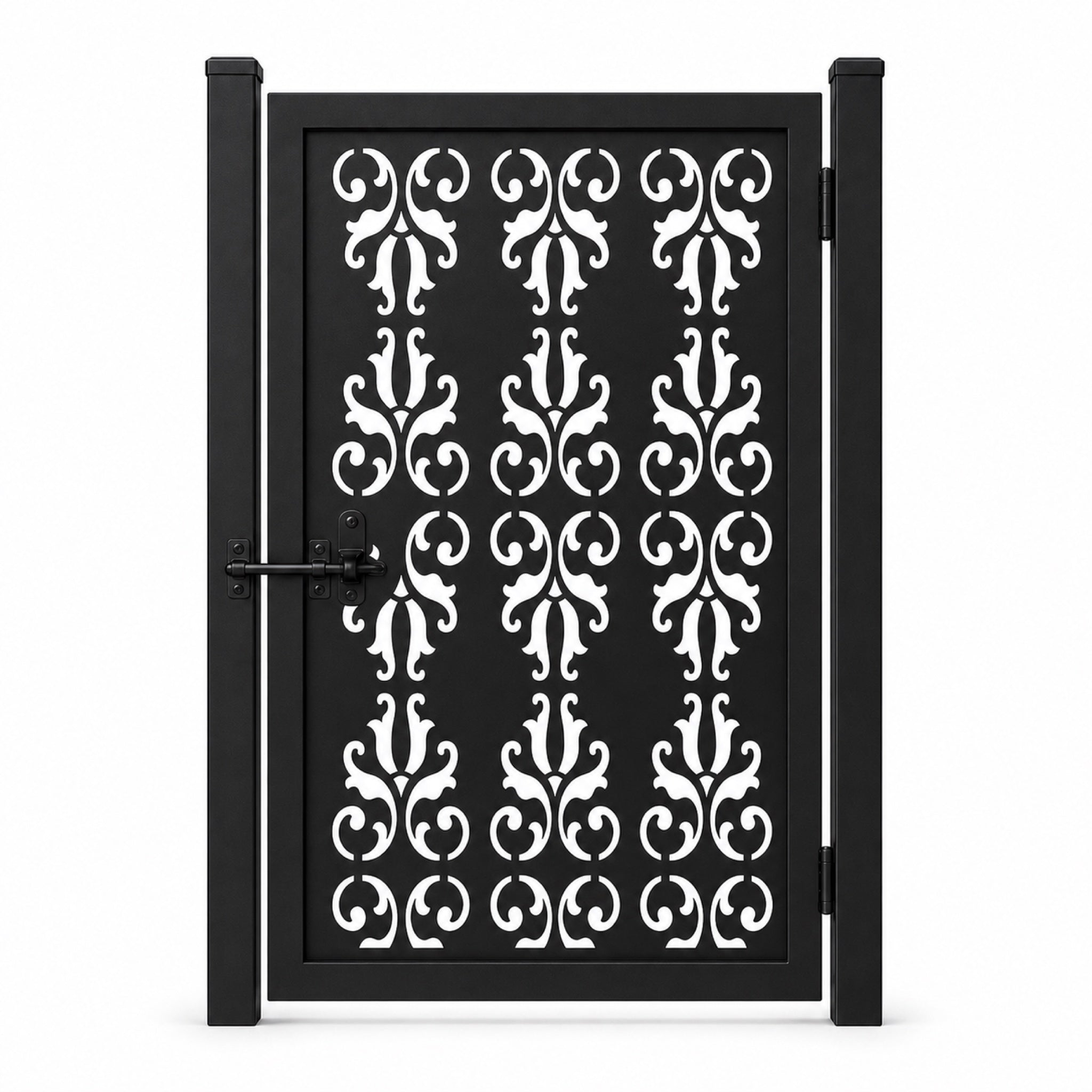 Design 001 scrollwork black laser cut metal pedestrian gate closed view