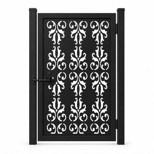 Design 001 scrollwork black laser cut metal pedestrian gate closed view