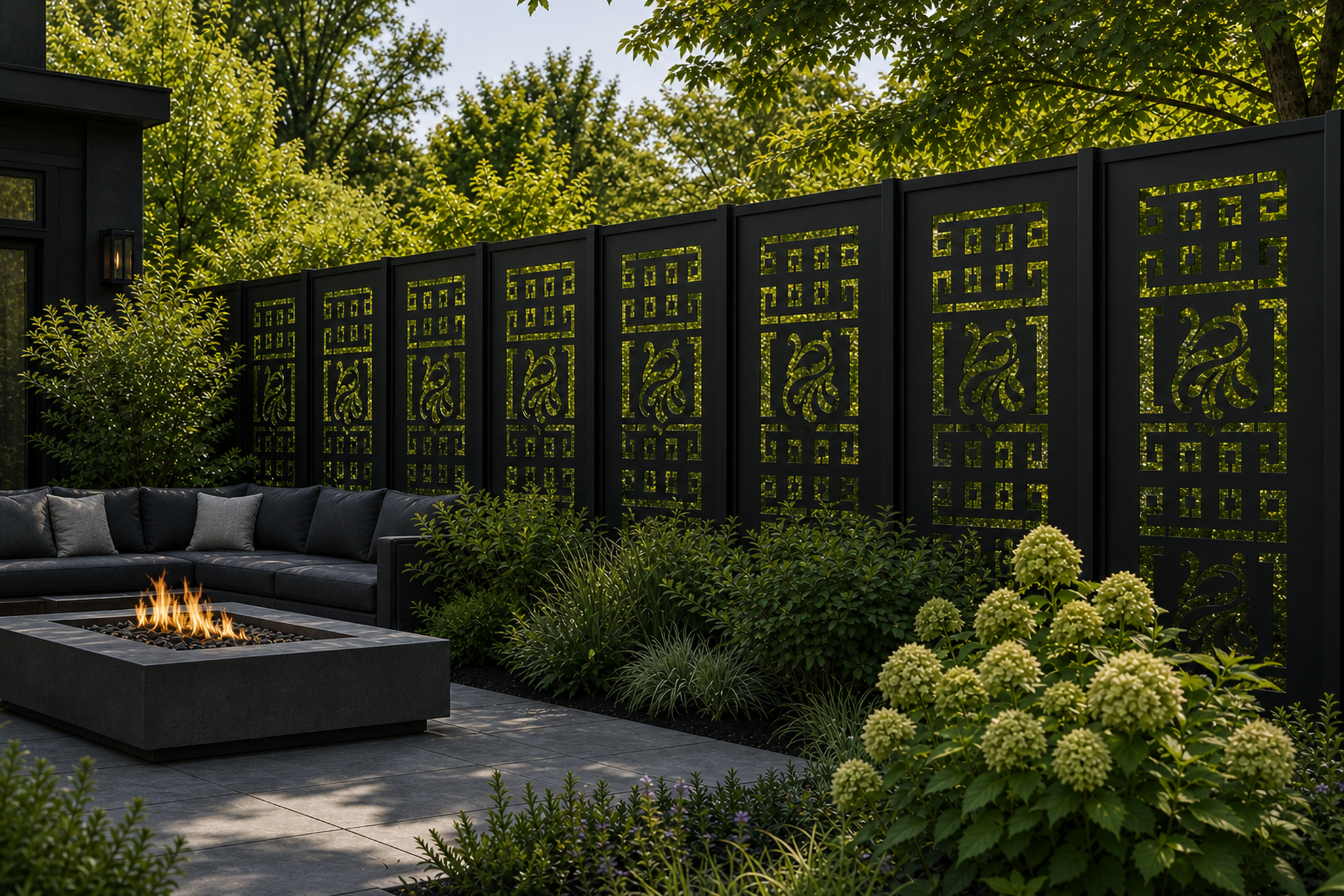 Design 002 Deco Leaf Maze Laser Cut Metal Privacy Screen Panel installed garden daylight view