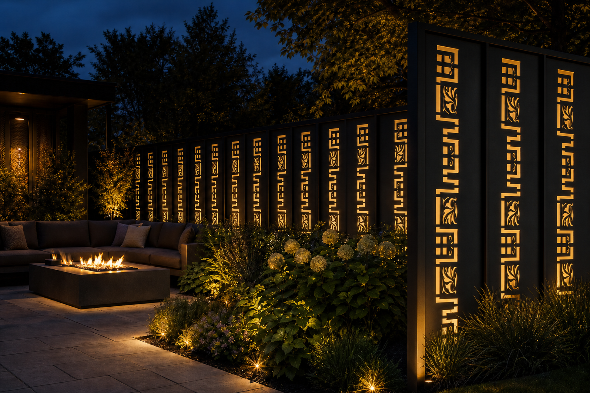 Design 002 Deco Leaf Maze Laser Cut Metal Privacy Screen Panel installed garden night lighting view