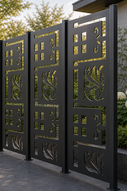 Design 002 Deco Leaf Maze Laser Cut Metal Privacy Screen Panel oblique angle view