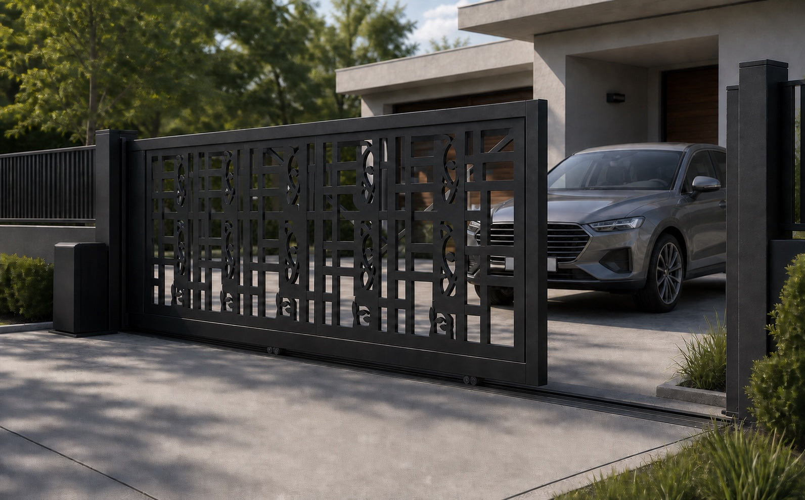 Design 002 decorative cutout automatic aluminium sliding driveway gate shown half open with car clearance
