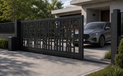 Design 002 decorative cutout automatic aluminium sliding driveway gate shown half open with car clearance