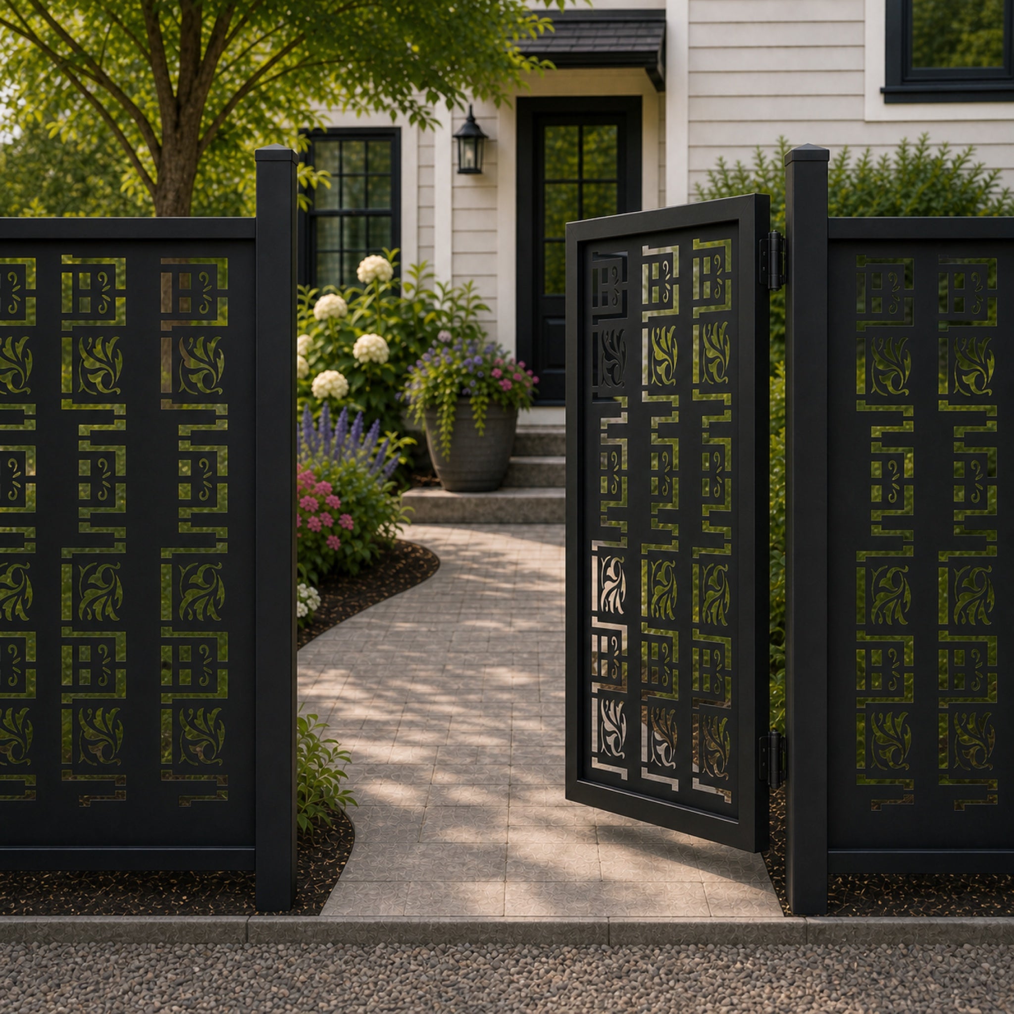 Design 002 geometric floral leaf black aluminium side gate open view