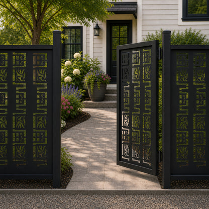 Design 002 geometric floral leaf black aluminium side gate open view
