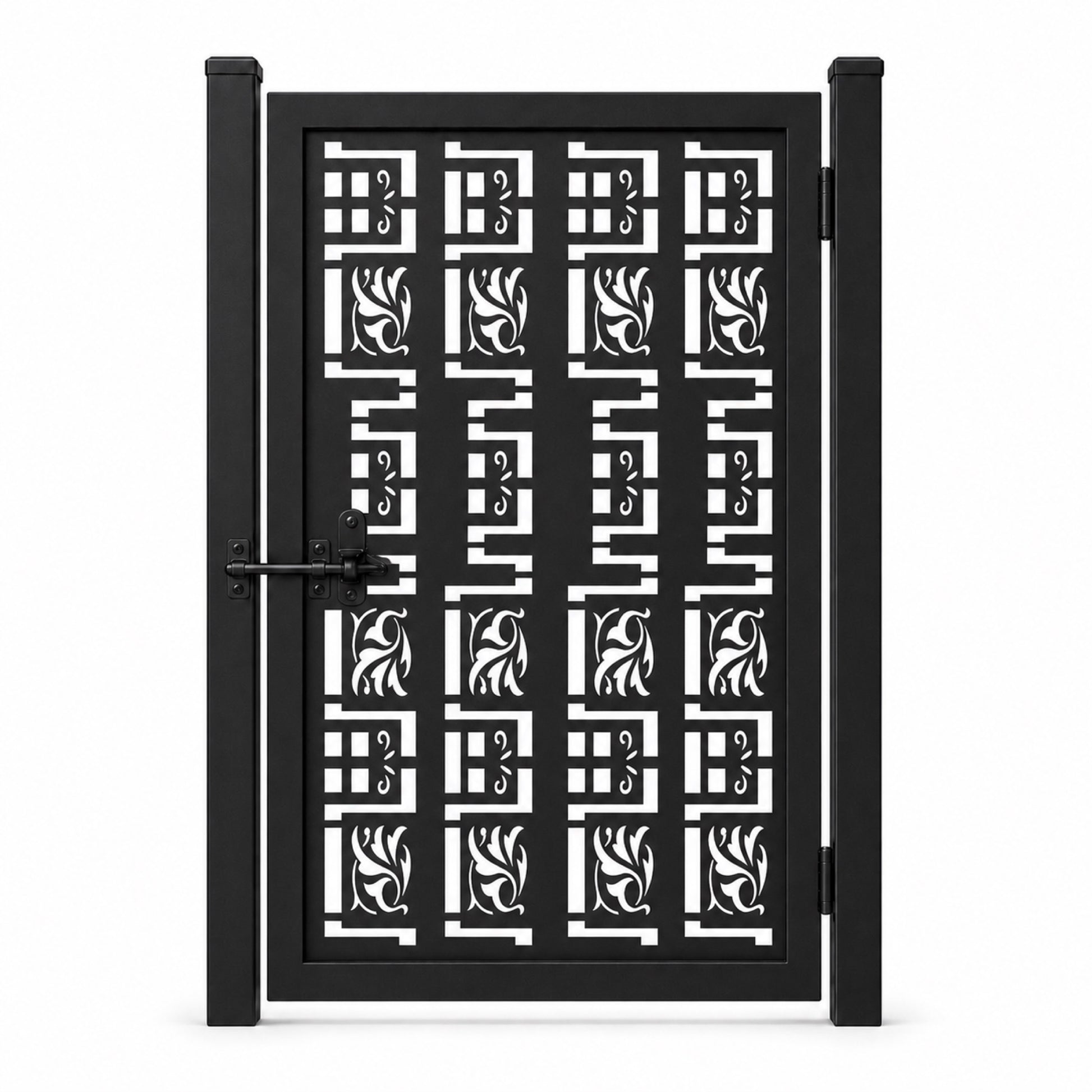 Design 002 geometric floral leaf black laser cut metal pedestrian gate closed view