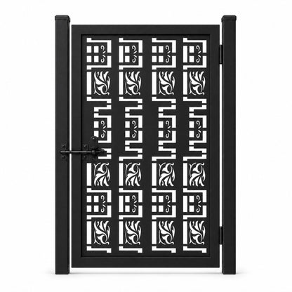 Design 002 geometric floral leaf black laser cut metal pedestrian gate closed view