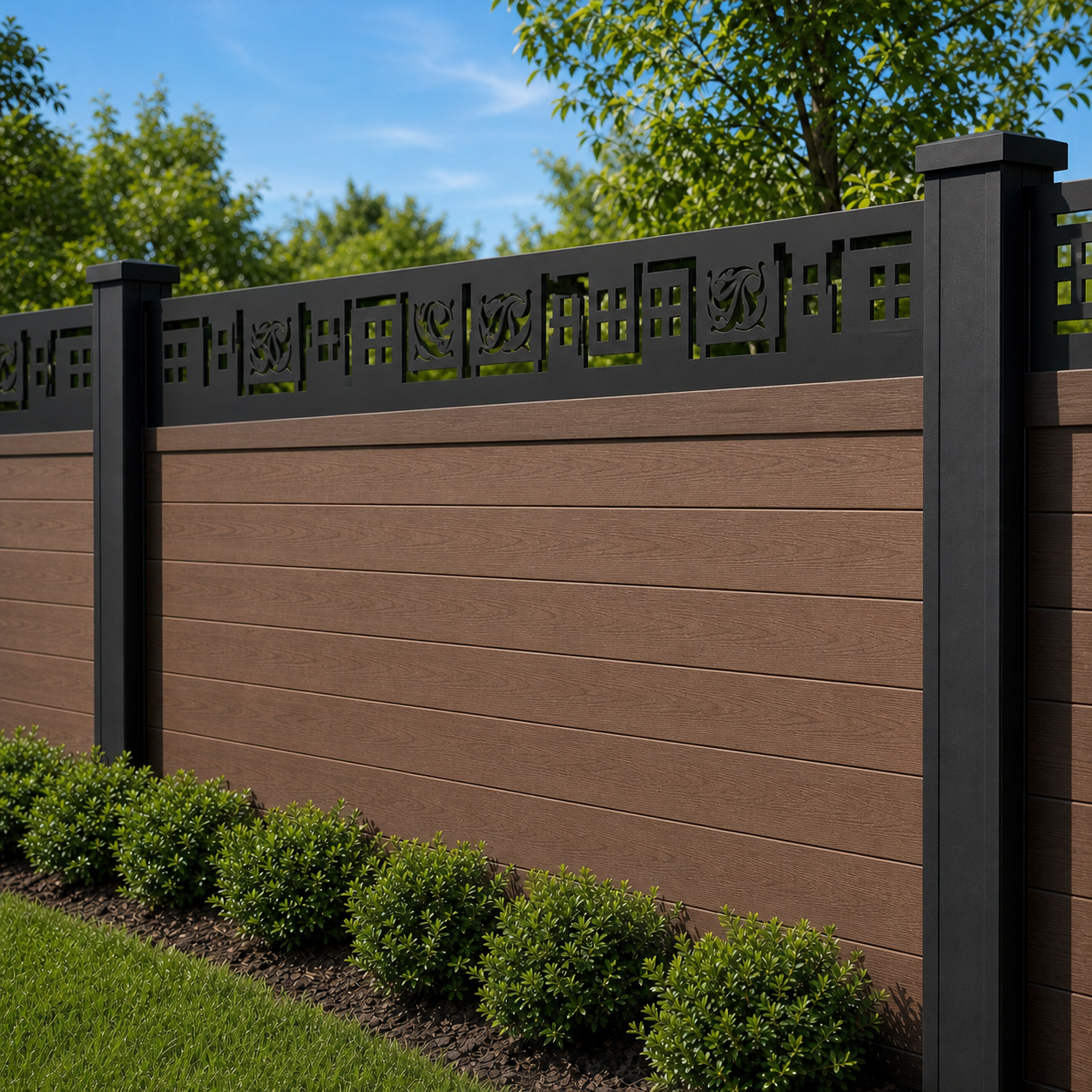 Greek Key Border laser cut fence extension panel installed on composite fence, angle view, Design 002