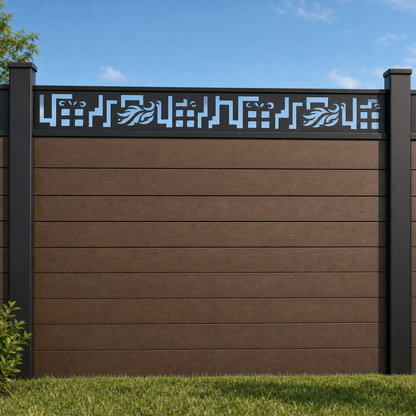 Greek Key Border metal fence topper installed above WPC composite privacy fence, front view, Design 002