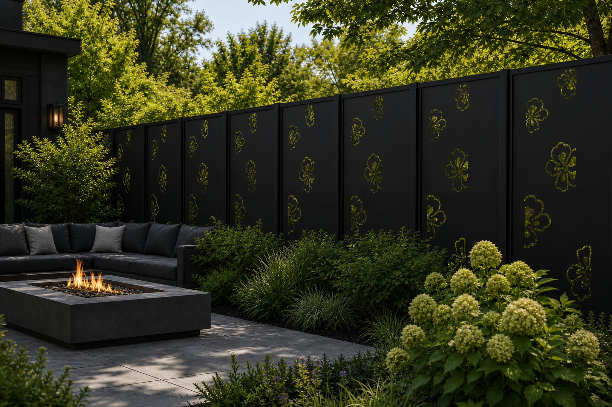 Design 003 Floating Clover Laser Cut Metal Privacy Screen Panel installed garden daylight view