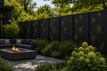 Design 003 Floating Clover Laser Cut Metal Privacy Screen Panel installed garden daylight view