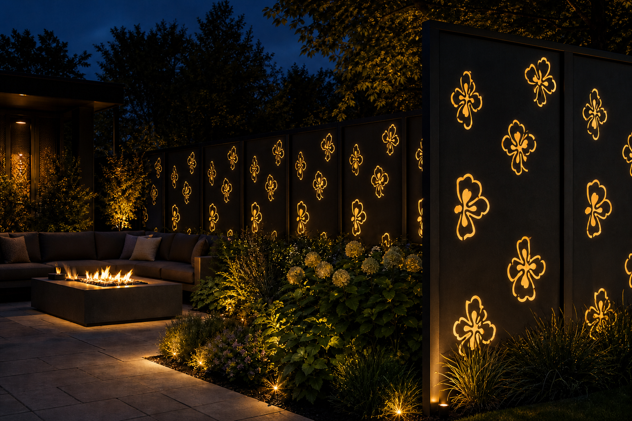Design 003 Floating Clover Laser Cut Metal Privacy Screen Panel installed garden night lighting view