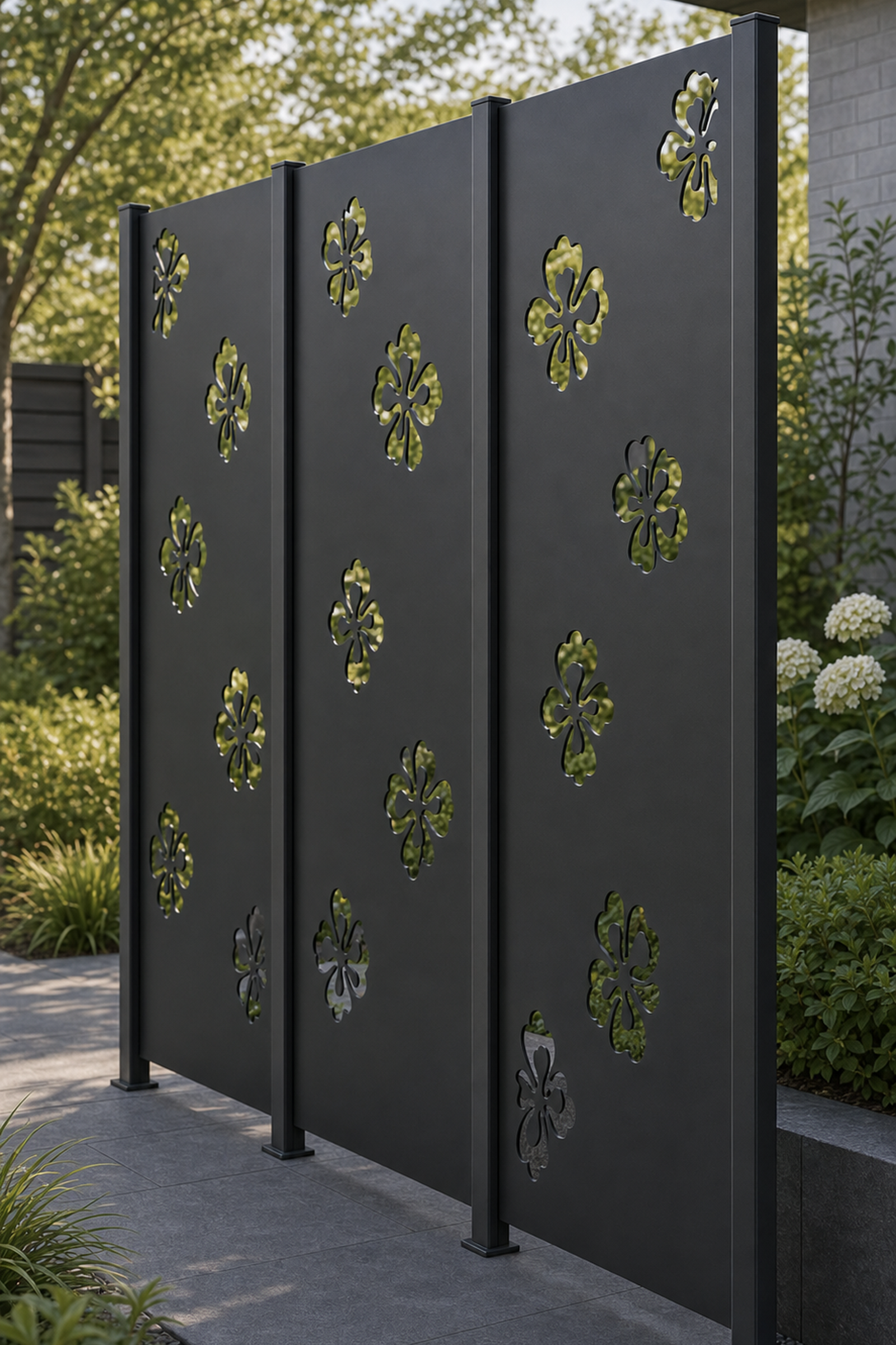 Design 003 Floating Clover Laser Cut Metal Privacy Screen Panel oblique angle view