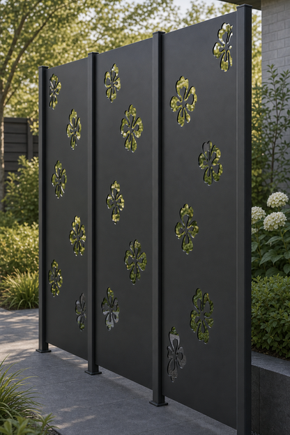 Design 003 Floating Clover Laser Cut Metal Privacy Screen Panel oblique angle view