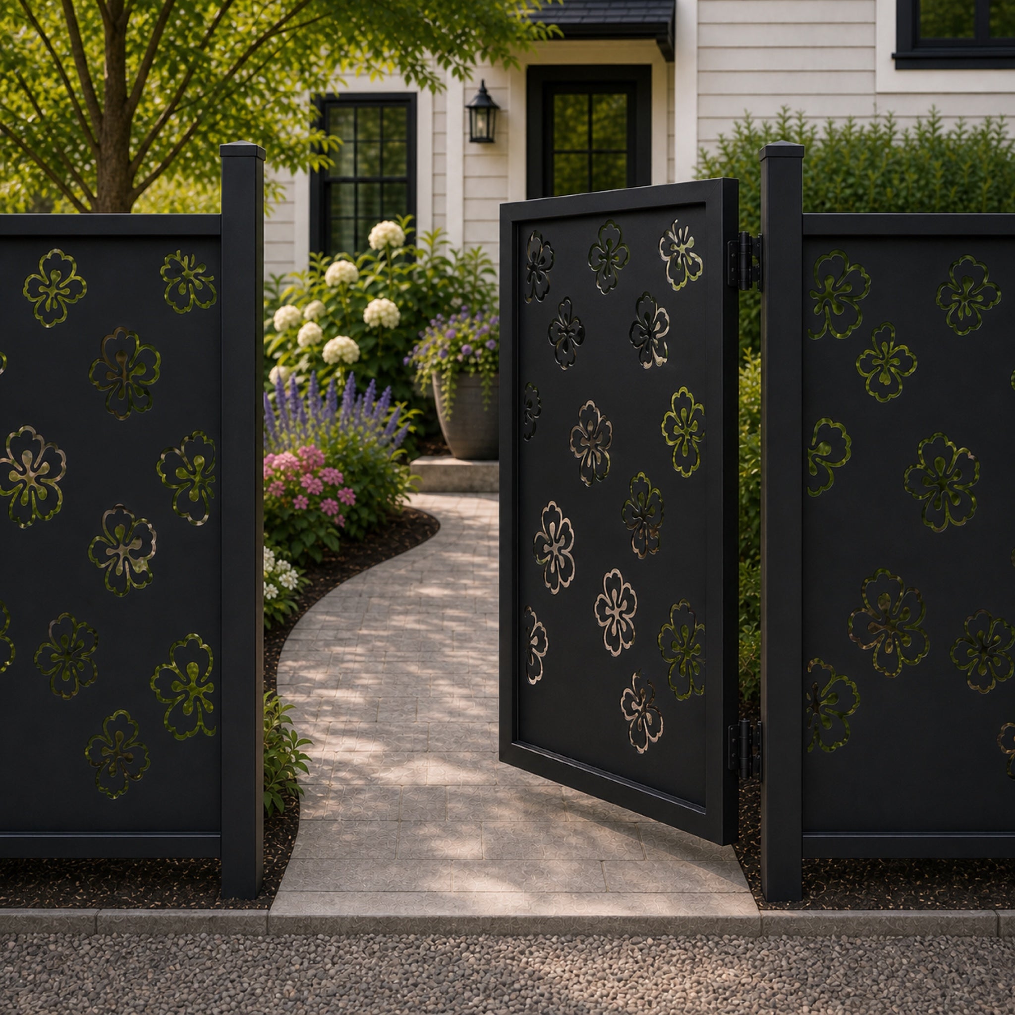 Design 003 scattered floral black aluminium side gate open view