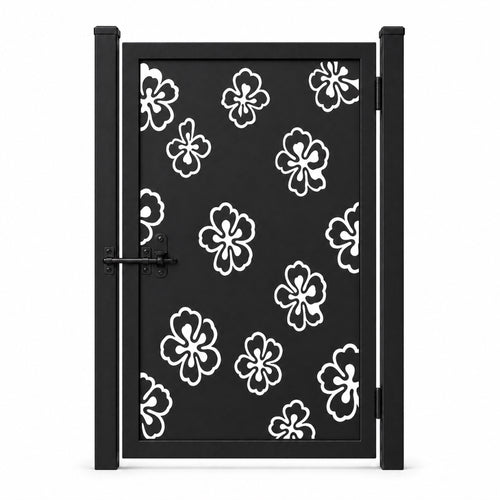Design 003 scattered floral black laser cut metal pedestrian gate closed view