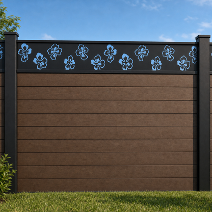 Tulip Bud Lattice metal fence topper installed above WPC composite privacy fence, front view, Design 003